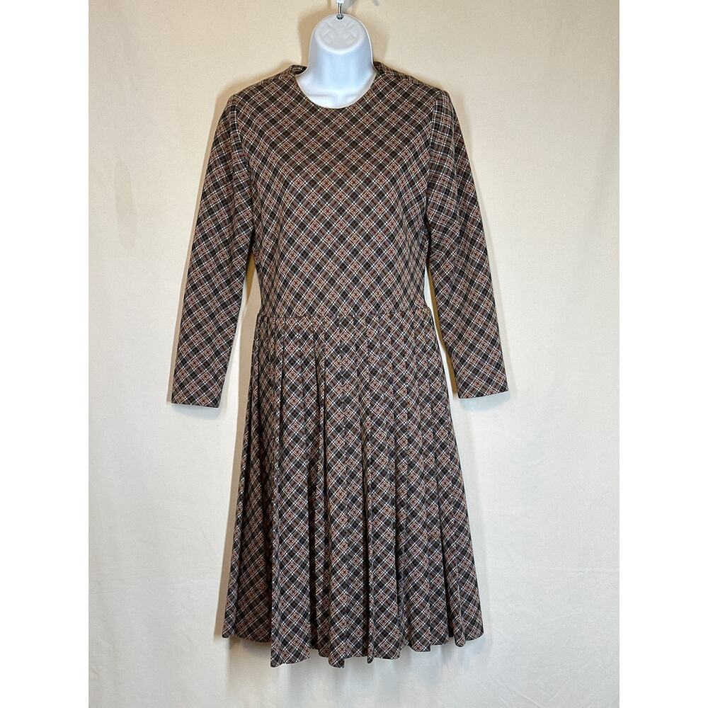 Vintage SAKS FIFTH AVENUE Dress S Brown Plaid Pleated Quite Luxury Couture